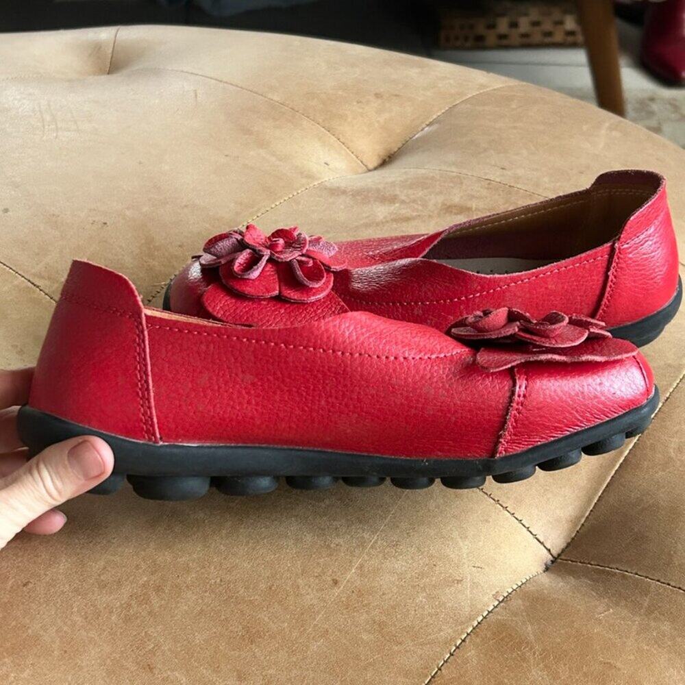 Red Lagenlook Art Teacher Ballet Flats Romantic Flower Soft Leather Shoes, 7.5 - Picture 9 of 11